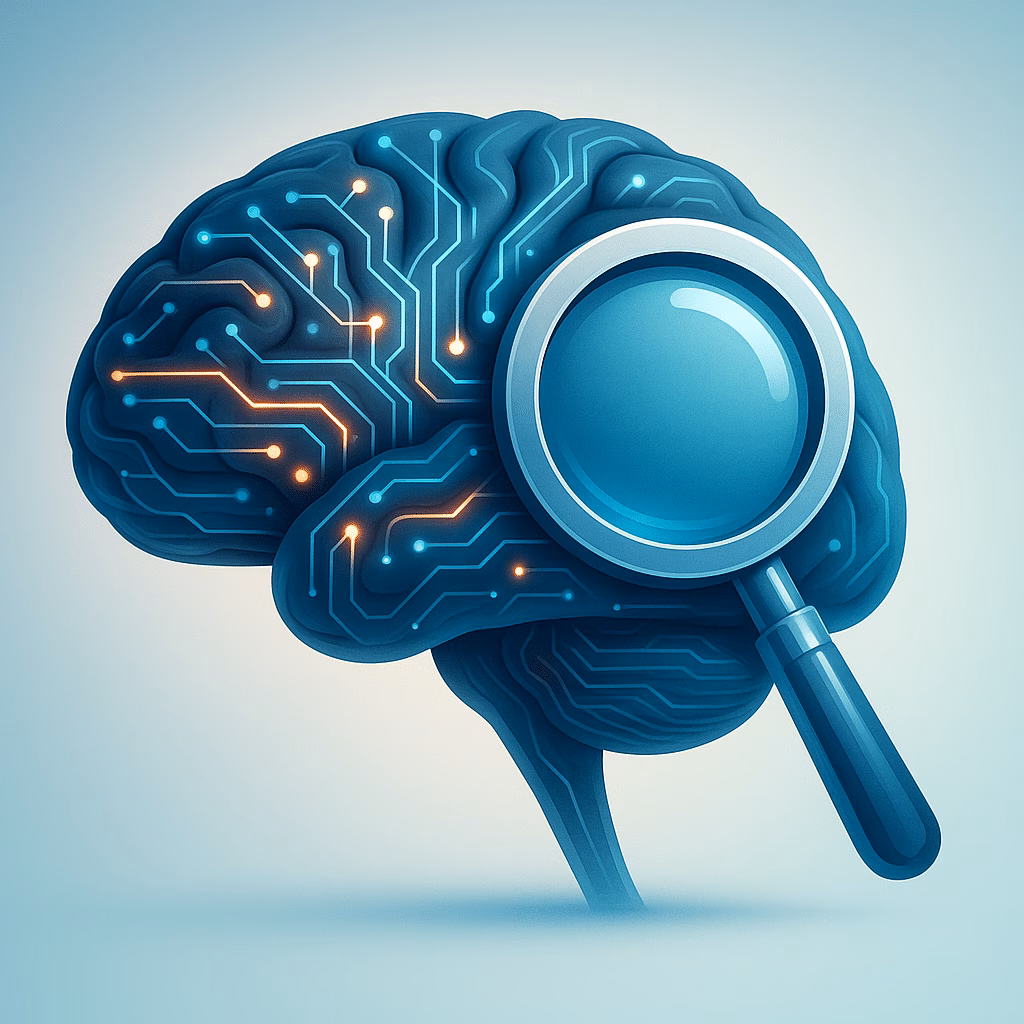 Stilisiertes Gehirn mit digitalen Schaltkreisen und Suchsymbol als Zeichen für intelligente KI-Suche