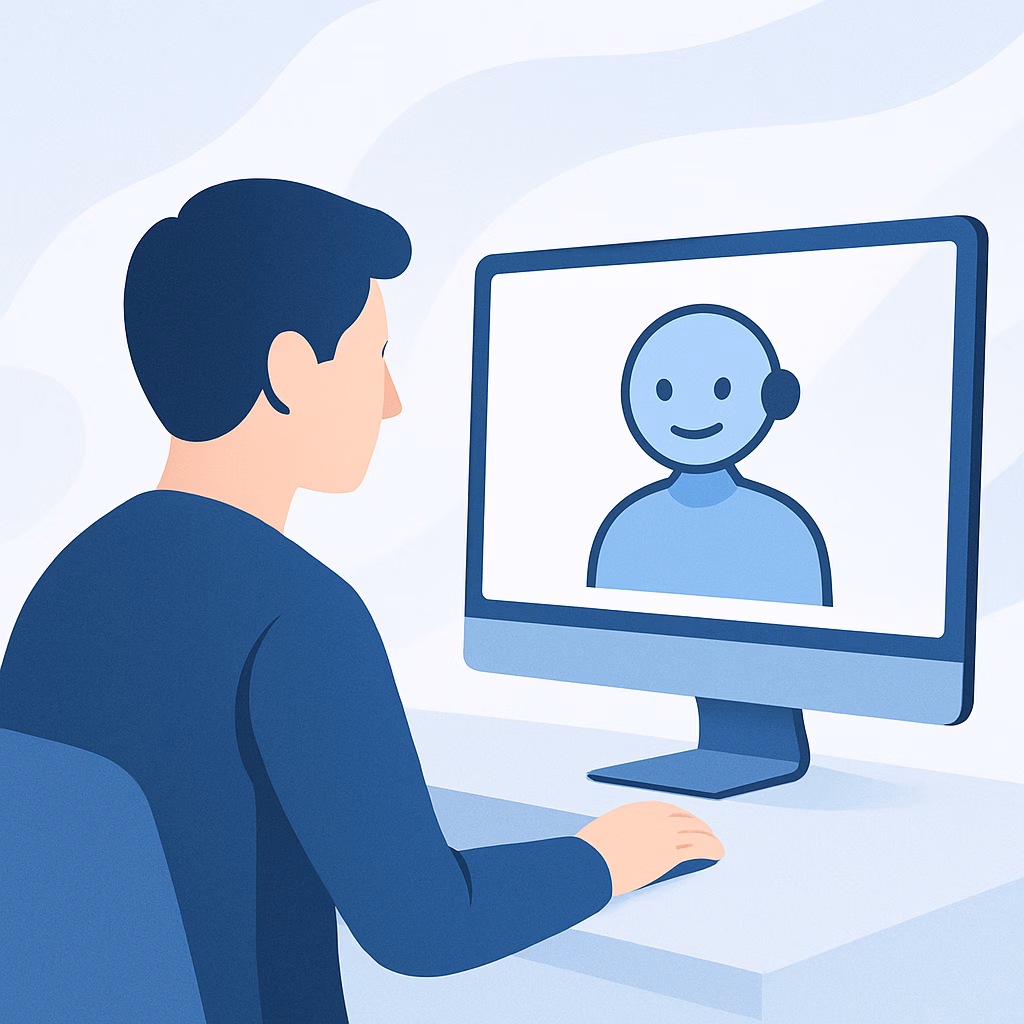 Nutzer interagiert mit KI-Assistent auf Computerbildschirm, umgeben von leeren Chatblasen, moderne Tech-Optik