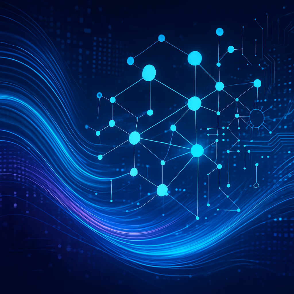 Abstrakte Visualisierung von Datenströmen und Algorithmen im Hintergrund einer KI-Suchmaschine