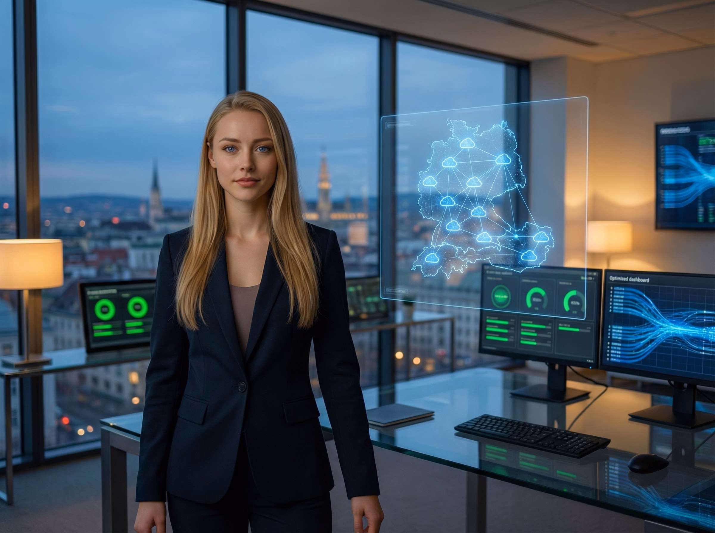IT-Spezialistin Clara im Wiener Büro mit Cloud-Infrastruktur-Dashboard und Österreich-Netzwerkkarte