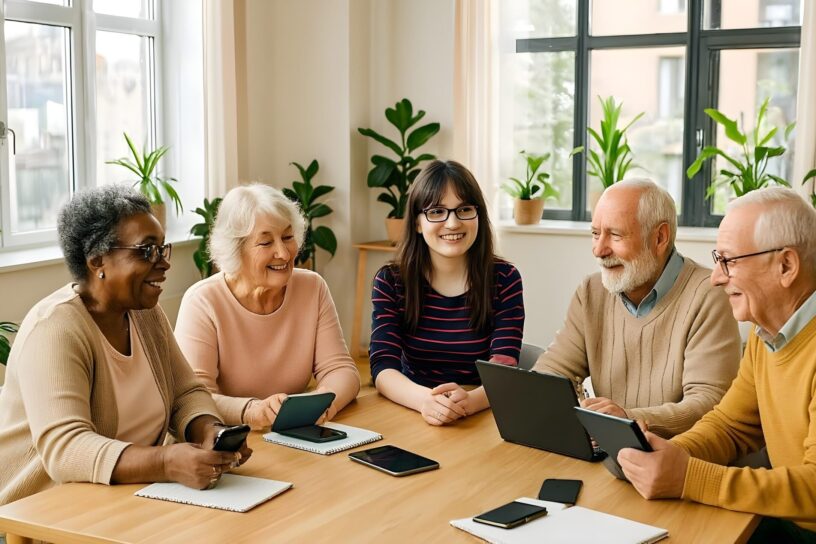Katharina Grünwald (Mitte) leitet einen Digital-Workshop für vier Seniorinnen in einem hellen Raum. Die Teilnehmerinnen sitzen gemeinsam an einem Holztisch und arbeiten mit Tablets und Smartphones. Die freundliche Atmosphäre zeigt die praxisnahe Vermittlung digitaler Kompetenzen im Rahmen des Projekts Digital Überall Plus.