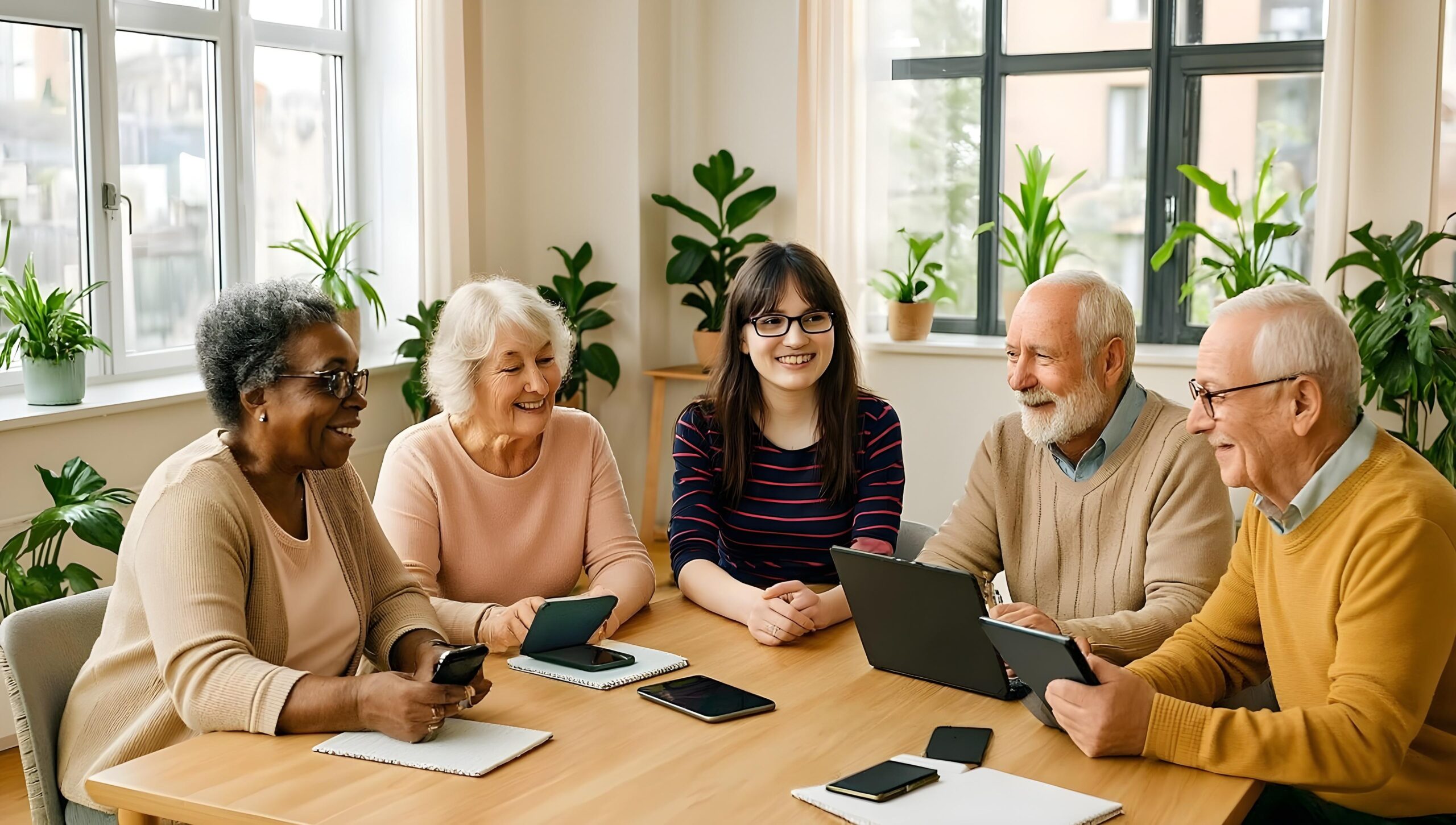 Katharina Grünwald (Mitte) leitet einen Digital-Workshop für vier Seniorinnen in einem hellen Raum. Die Teilnehmerinnen sitzen gemeinsam an einem Holztisch und arbeiten mit Tablets und Smartphones. Die freundliche Atmosphäre zeigt die praxisnahe Vermittlung digitaler Kompetenzen im Rahmen des Projekts Digital Überall Plus.