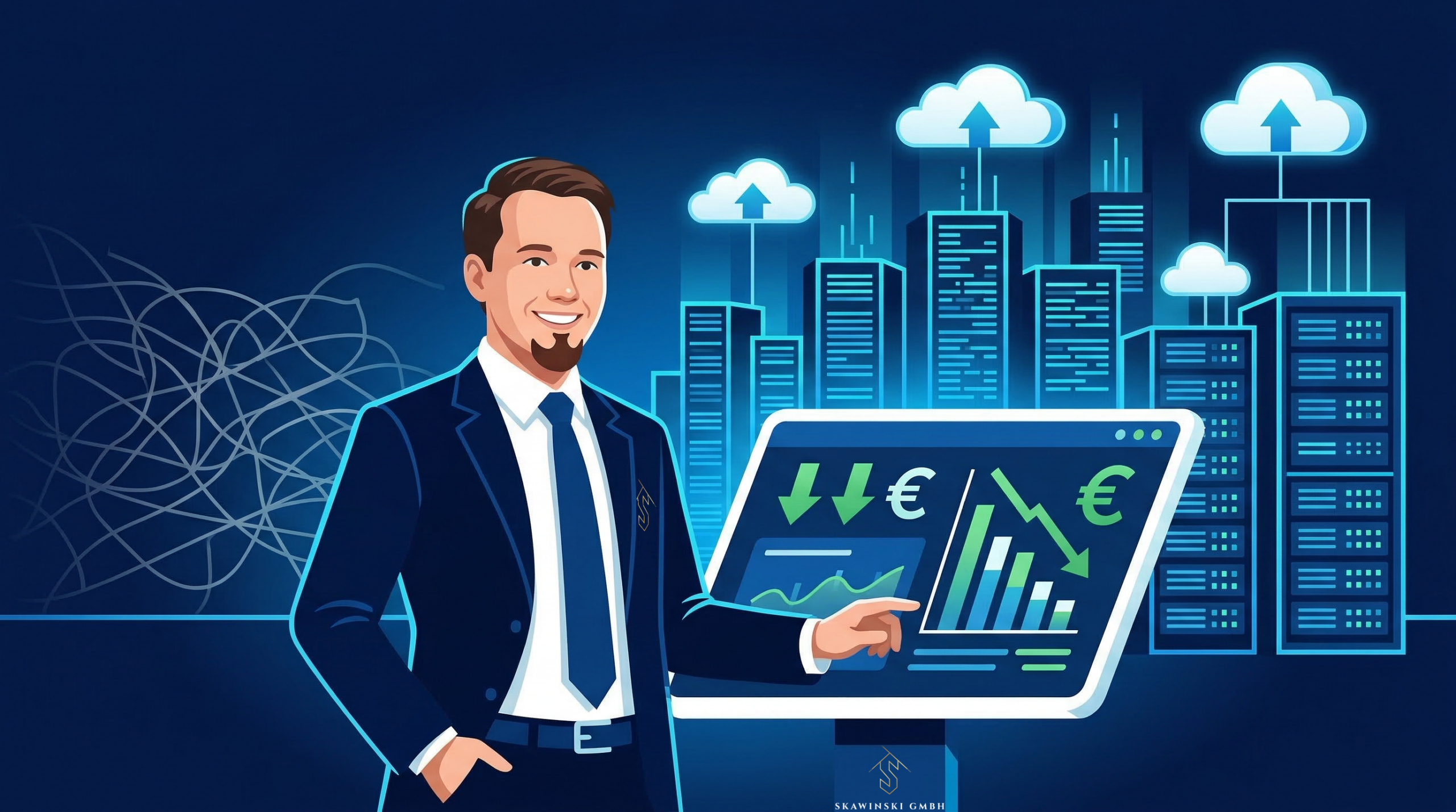 Illustration von Robert Skawinski der SKAWINSKI GmbH zeigt sinkende Cloud-Kosten auf einem Dashboard mit Euro-Symbolen und grünen Kostenkurven – FinOps Beratung aus Österreich für nachhaltige Cloud-Kostenoptimierung auf Azure, Exoscale und Hetzner.