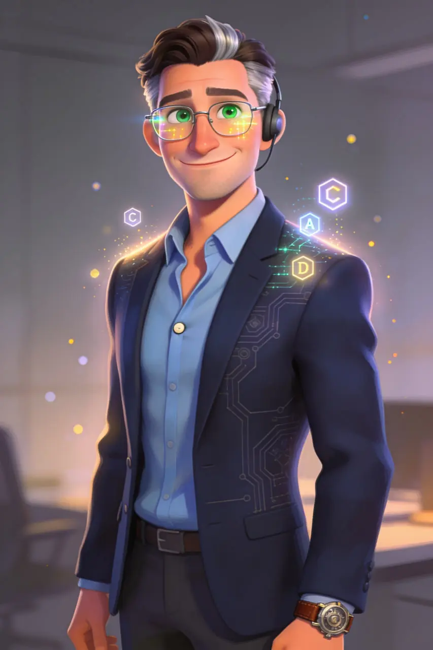 Paul_Eichner Illustriertes Porträt von Paul Eichner, dem KI-Assistenten der SKAWINSKI GmbH, mit Headset vor Bürohintergrund.