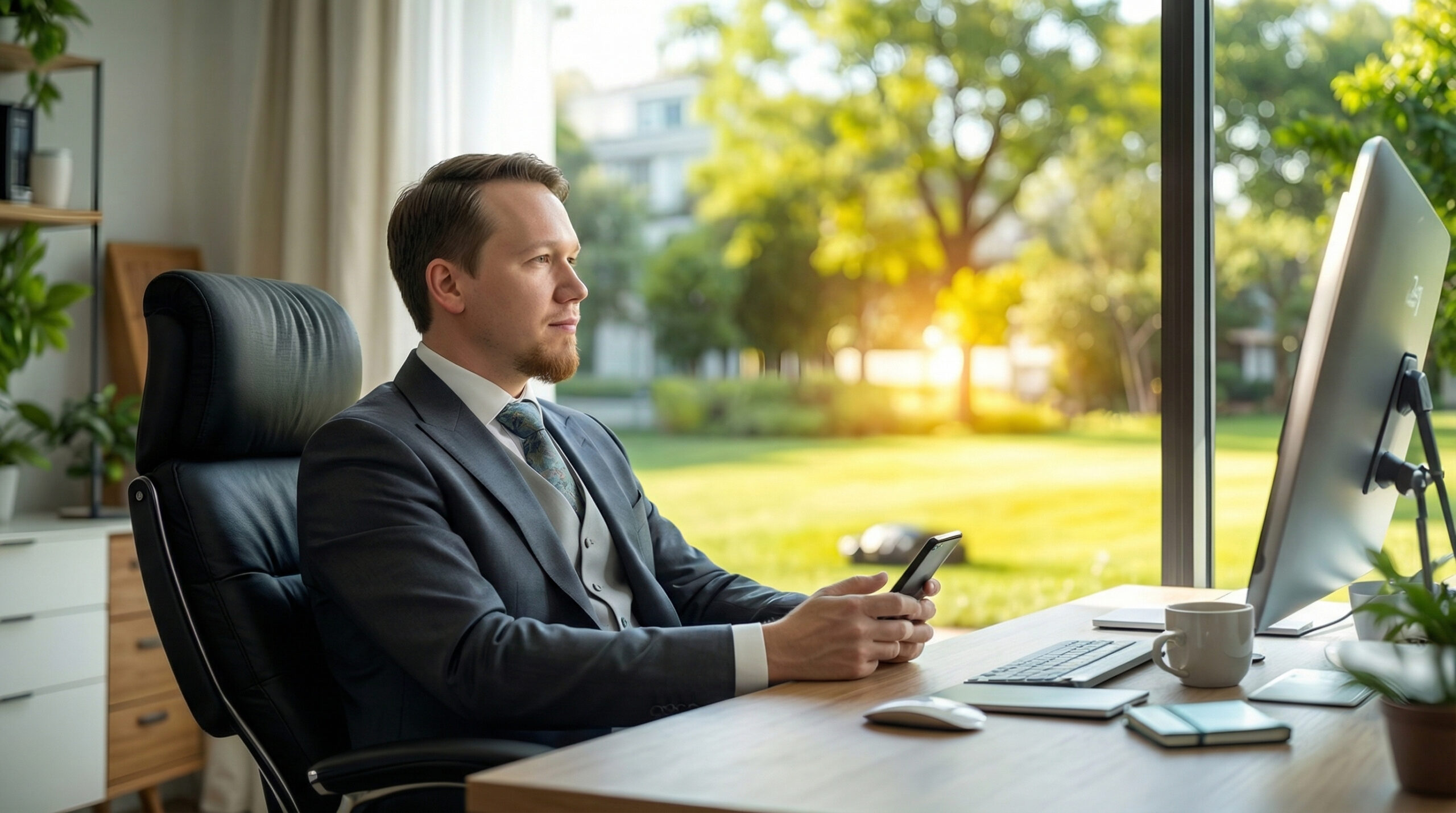 Professioneller IT-Berater Robert Skawinski von der SKAWINSKI GmbH im Businessanzug bei der Arbeit in einem hellen, modernen Home-Office. Das Bild zeigt eine entspannte und zugleich professionelle Atmosphäre mit einem großen Monitor, Smartphone in der Hand und Blick auf eine grüne Außenanlage durch raumhohe Fenster. Der Arbeitsplatz ist mit modernen Möbeln, Zimmerpflanzen und natürlichem Licht gestaltet – und steht für die Verbindung aus professioneller IT Betreuung und der Flexibilität moderner IT-Dienstleistungen.