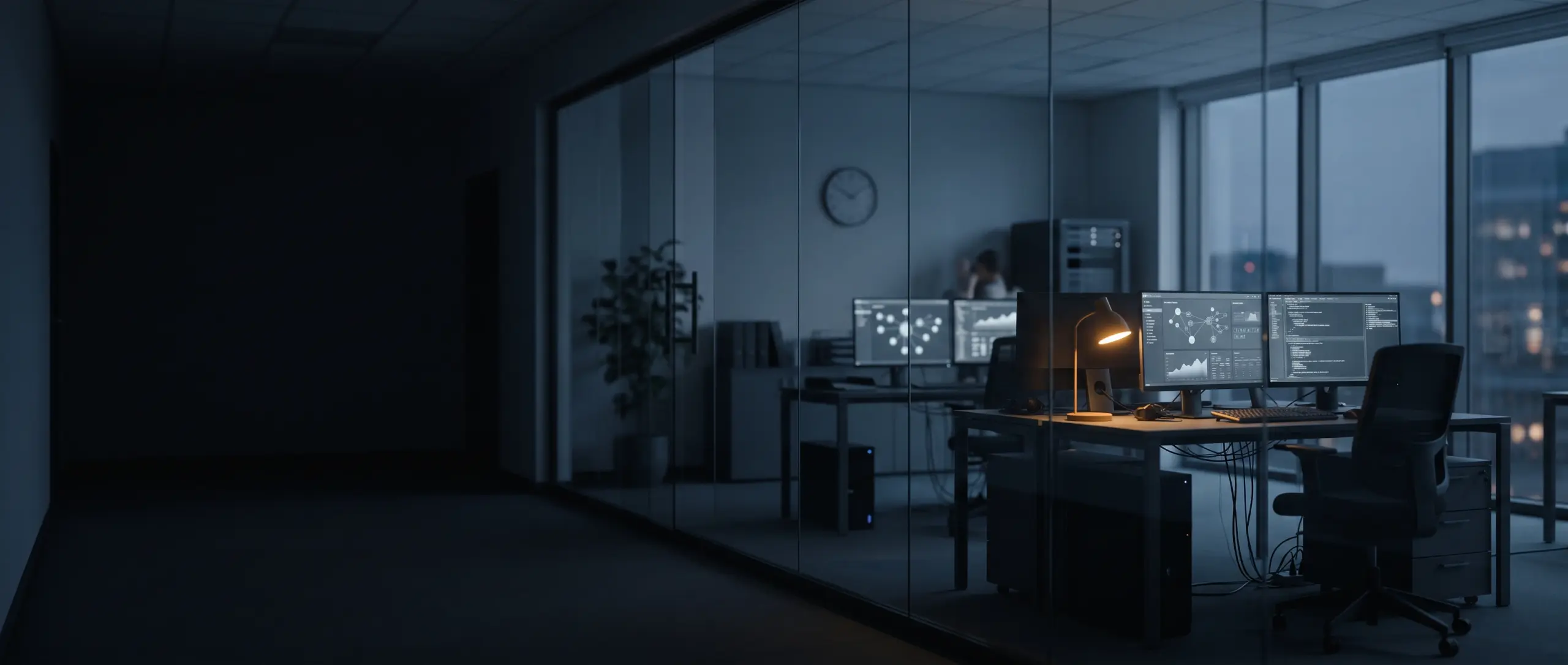 Nachhaltige IT-Modernisierung mit Cloud und DevOps – moderne Arbeitsumgebung mit Monitoring-Dashboards bei Nacht