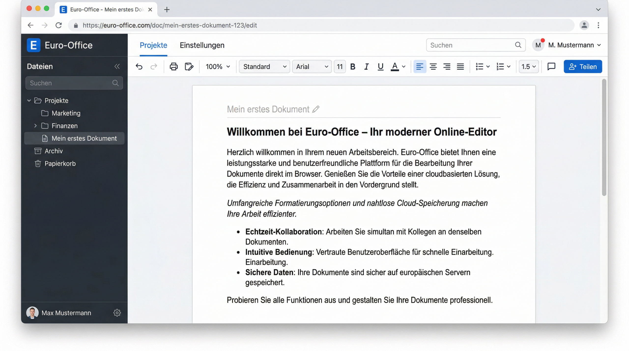 europaeische-cloudplattform-euro-office-online-editor Europäische Cloudplattform Euro-Office – Screenshot des Online-Editors mit Dokumentenverwaltung, Echtzeit-Kollaboration und sicherer Speicherung auf EU-Servern