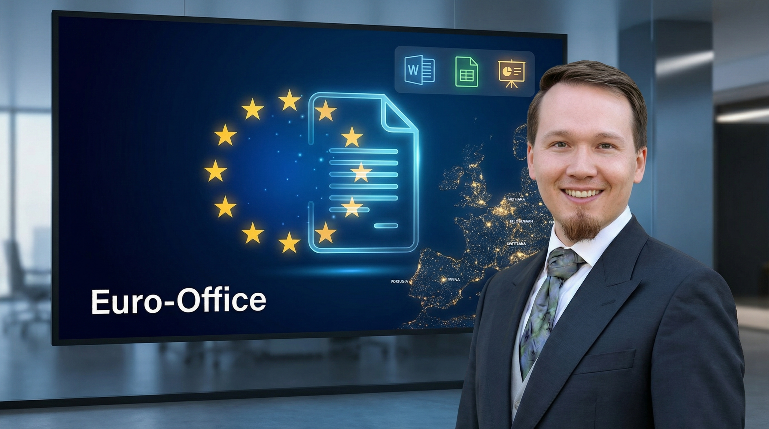 europäische Cloudplattform euro-office Präsentation Europäische Cloudplattform Euro-Office – IT-Berater präsentiert DSGVO-konforme Office-Lösung mit Dokumentenmanagement vor Europakarte mit EU-Sternen