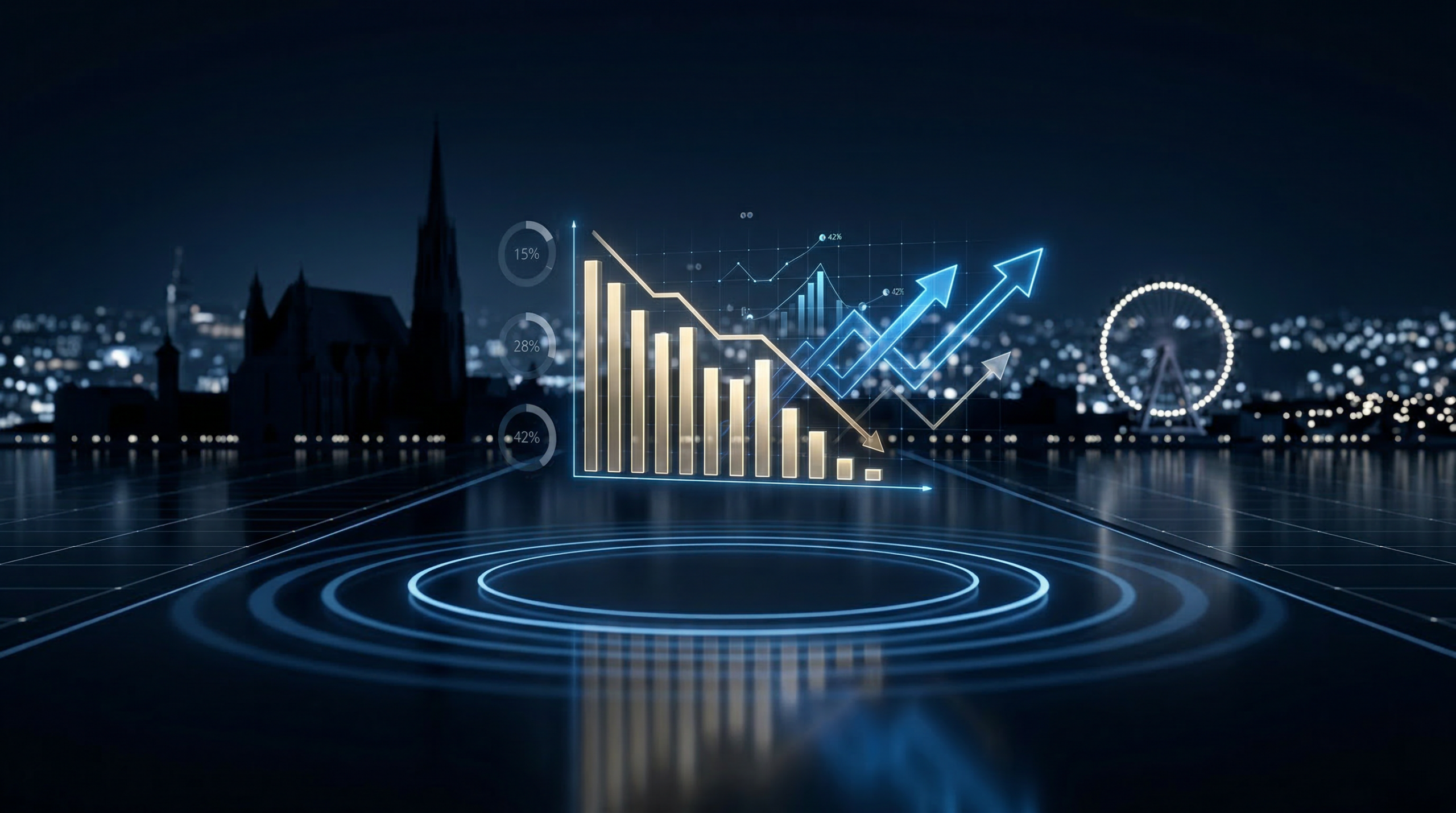 Holografisches Kosten-Dashboard mit sinkenden Balkendiagrammen und steigenden blauen Pfeilen vor der nächtlichen Wiener Skyline – FinOps Beratung aus Österreich von SKAWINSKI GmbH reduziert Cloud-Ausgaben auf Azure, Exoscale und Hetzner um bis zu 42 %.