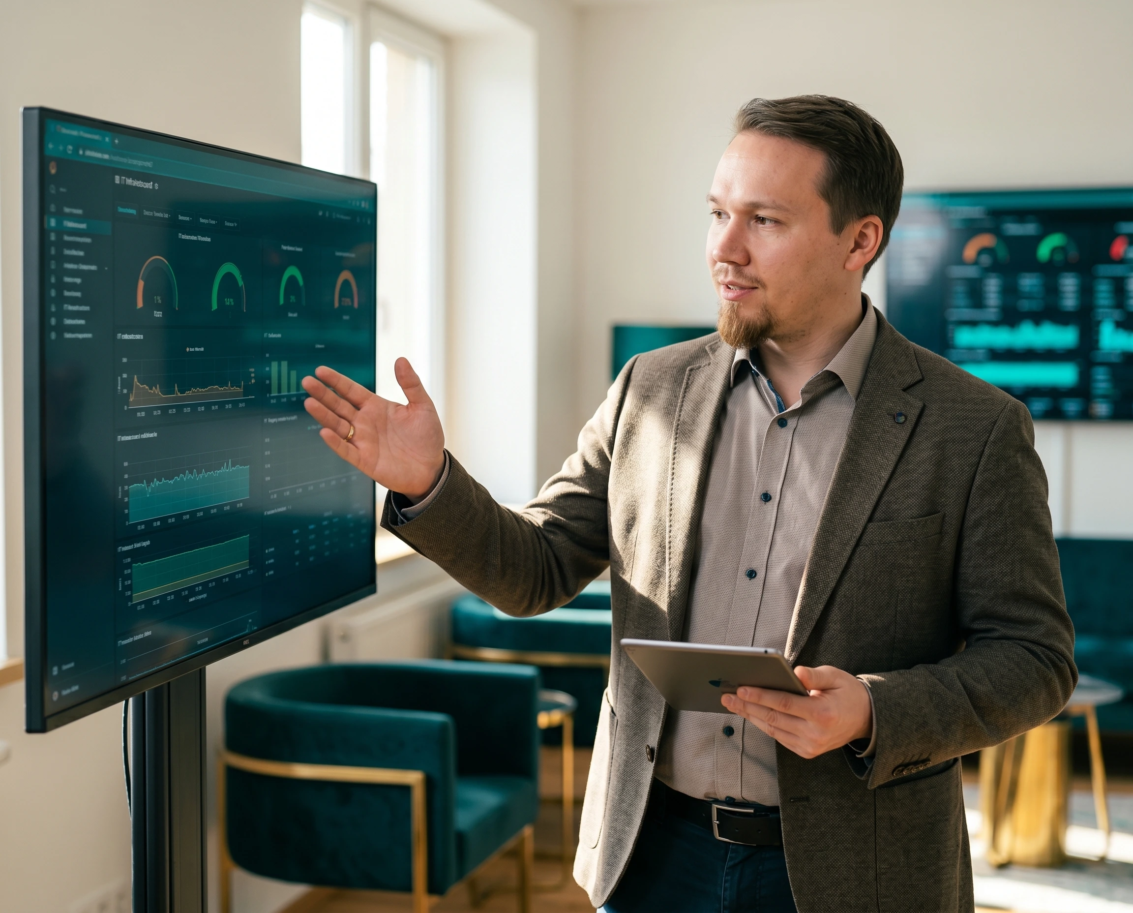 it-automatisierung-analyse-optimierung-betreuung-skawinski Photorealistic portrait-oriented photograph of a focused, approachable IT consultant (mid-30s to 40s, professional smart-casual attire) in a modern bright office, attentively reviewing infrastructure dashboards on a large monitor and a tablet, gesturing as if explaining a solution. Friendly, competent, trustworthy expression conveying personal accountability and hands-on IT support. Natural soft daylight from a side window mixed with subtle cool-teal screen glow and warm tones, deep teal and gold accents in the environment. Full-frame camera, 50mm lens, shallow depth of field with the consultant sharp and background softly blurred, authentic candid commercial business photography (not stiff stock-photo). Realistic skin texture. No readable text or real brand logos on screens, no illustration, no 3D render. 3:4 portrait orientation.