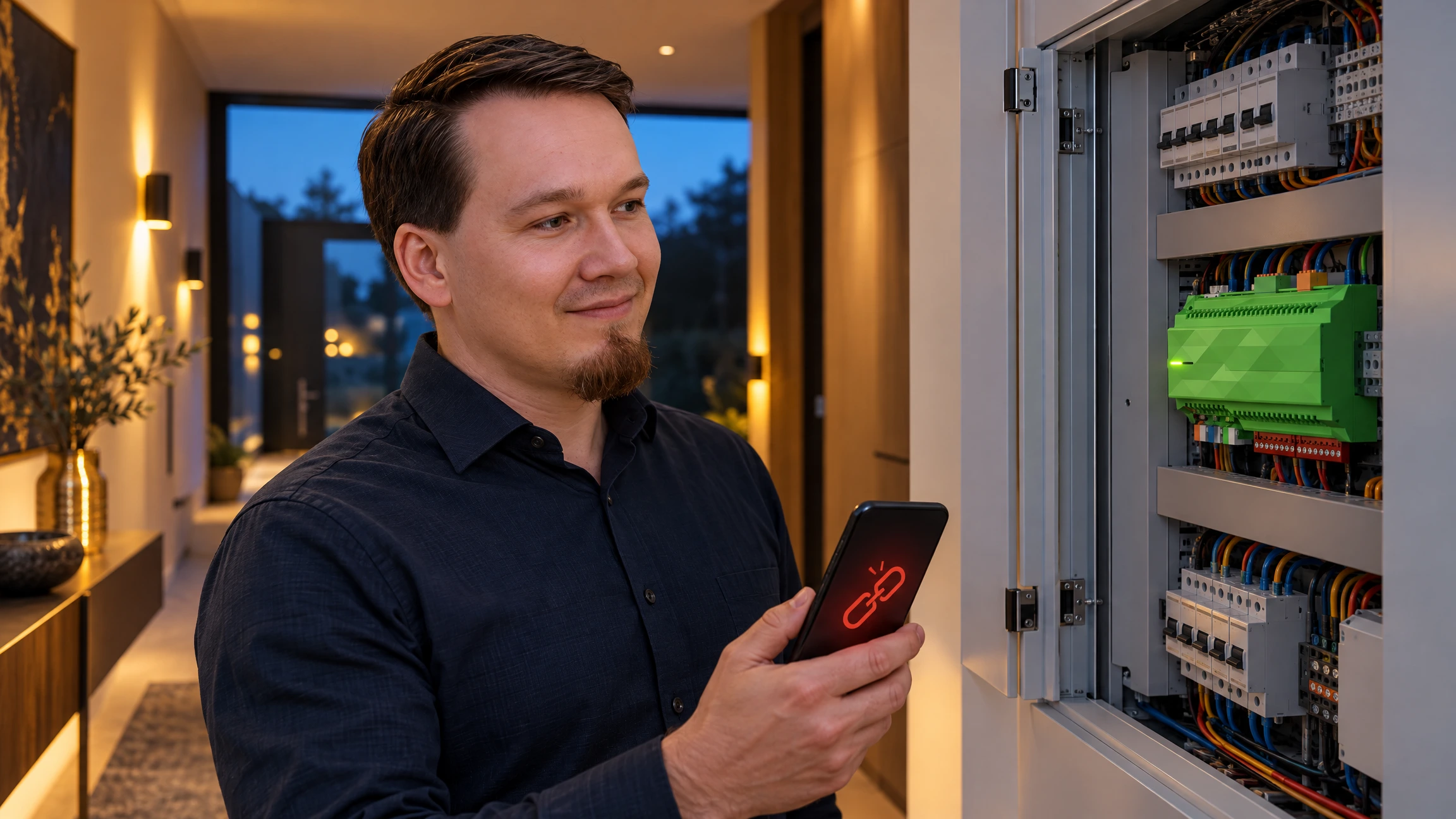 Loxone Remote Connect funktioniert nicht – Robert Skawinski Robert Skawinski mit Smartphone ohne Verbindung vor dem geöffneten Verteilerschrank mit Loxone Miniserver – Remote Connect ab 1. Dezember 2026 nur mit aktueller Software