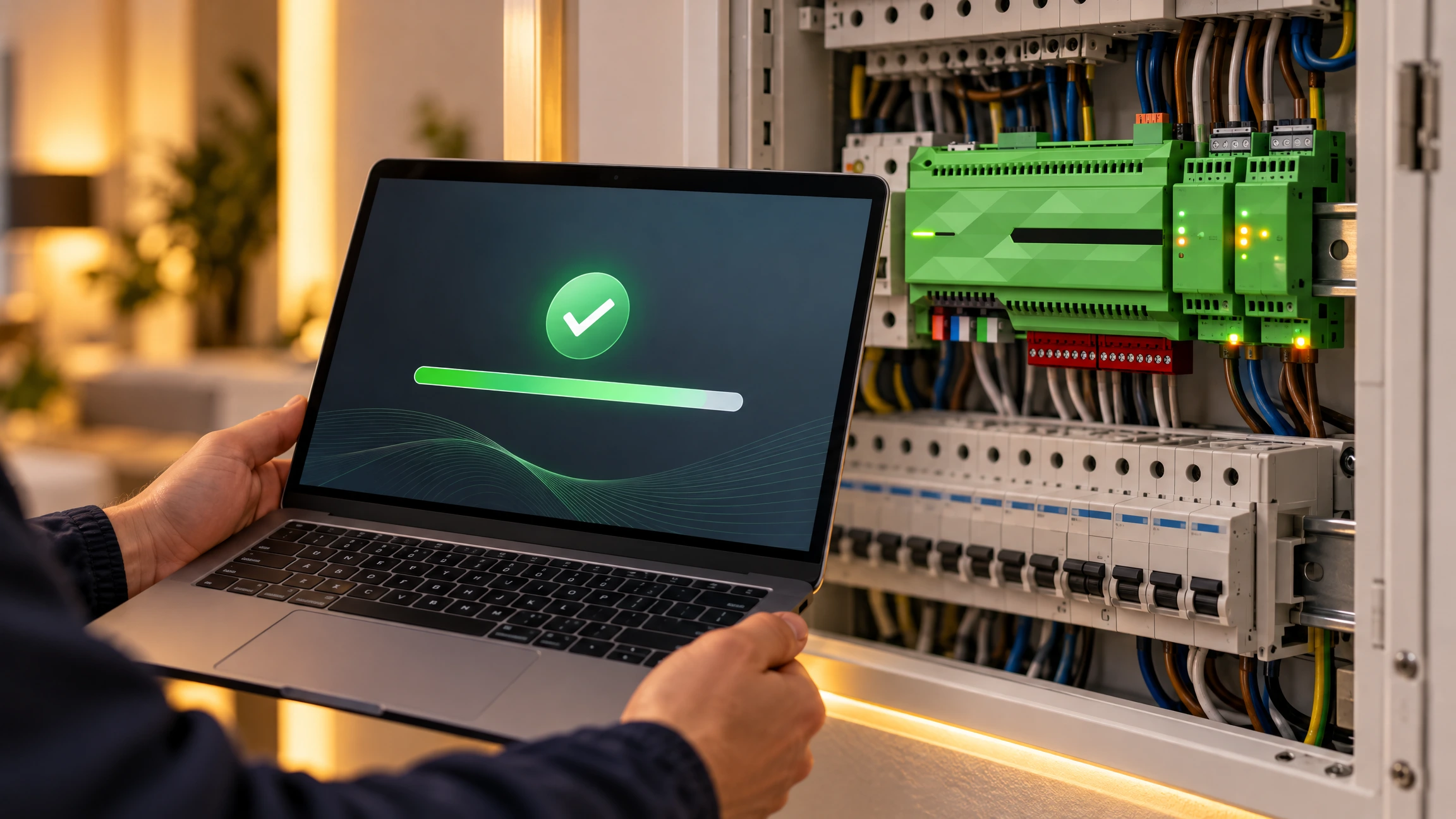 Loxone Miniserver-Update am Verteilerschrank Miniserver-Update am Verteilerschrank: Techniker spielt die aktuelle Loxone-Software ein, damit Remote Connect wieder funktioniert