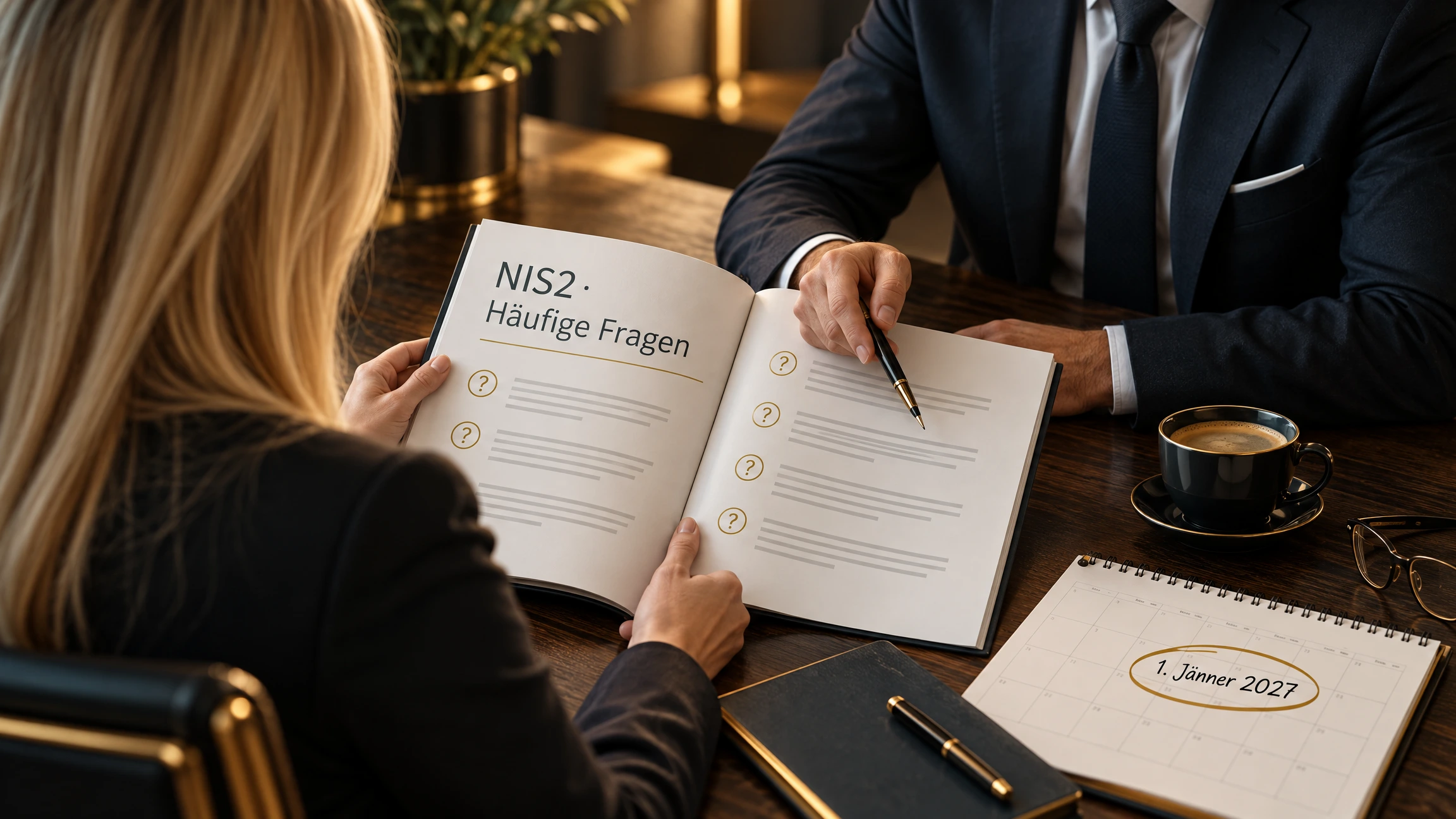 Beratungsgespräch zu NIS2: Geschäftsführerin liest den Leitfaden „NIS2 – Häufige Fragen“, daneben ein Kalender mit der Registrierungsfrist 1. Jänner 2027