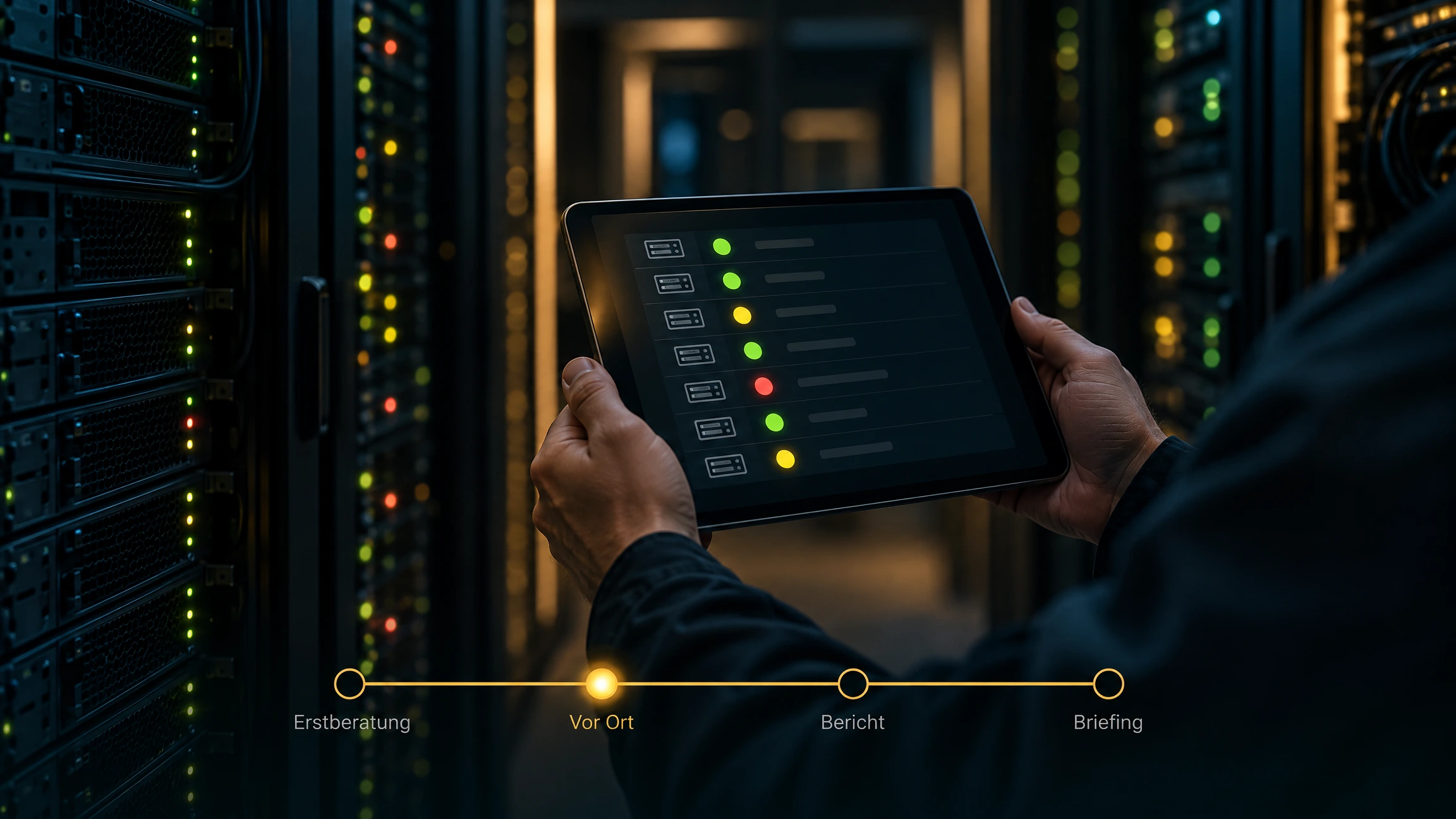 NIS2-Technik-Check vor Ort: Techniker prüft im Serverraum per Tablet die sieben technischen Bereiche mit Ampelbewertung