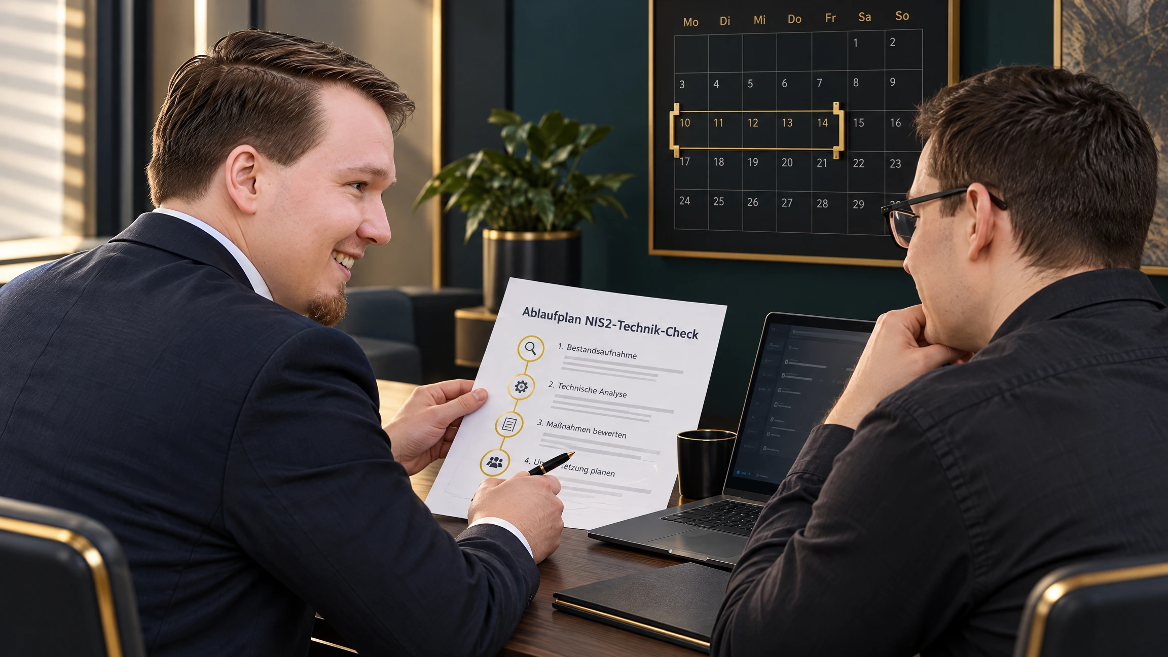 Kick-off zum NIS2-Technik-Check: Berater bespricht mit dem IT-Leiter den Ablaufplan, im Hintergrund ein Kalender mit markiertem Zeitraum