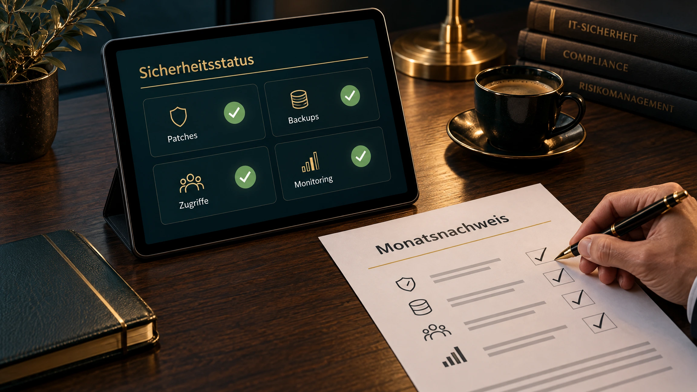 nis2-umsetzung-faq-monatsnachweis-skawinski Monatlicher NIS2-Nachweis: Tablet mit Sicherheitsstatus für Patches, Backups, Zugriffe und Monitoring, daneben wird der gedruckte Monatsnachweis abgehakt