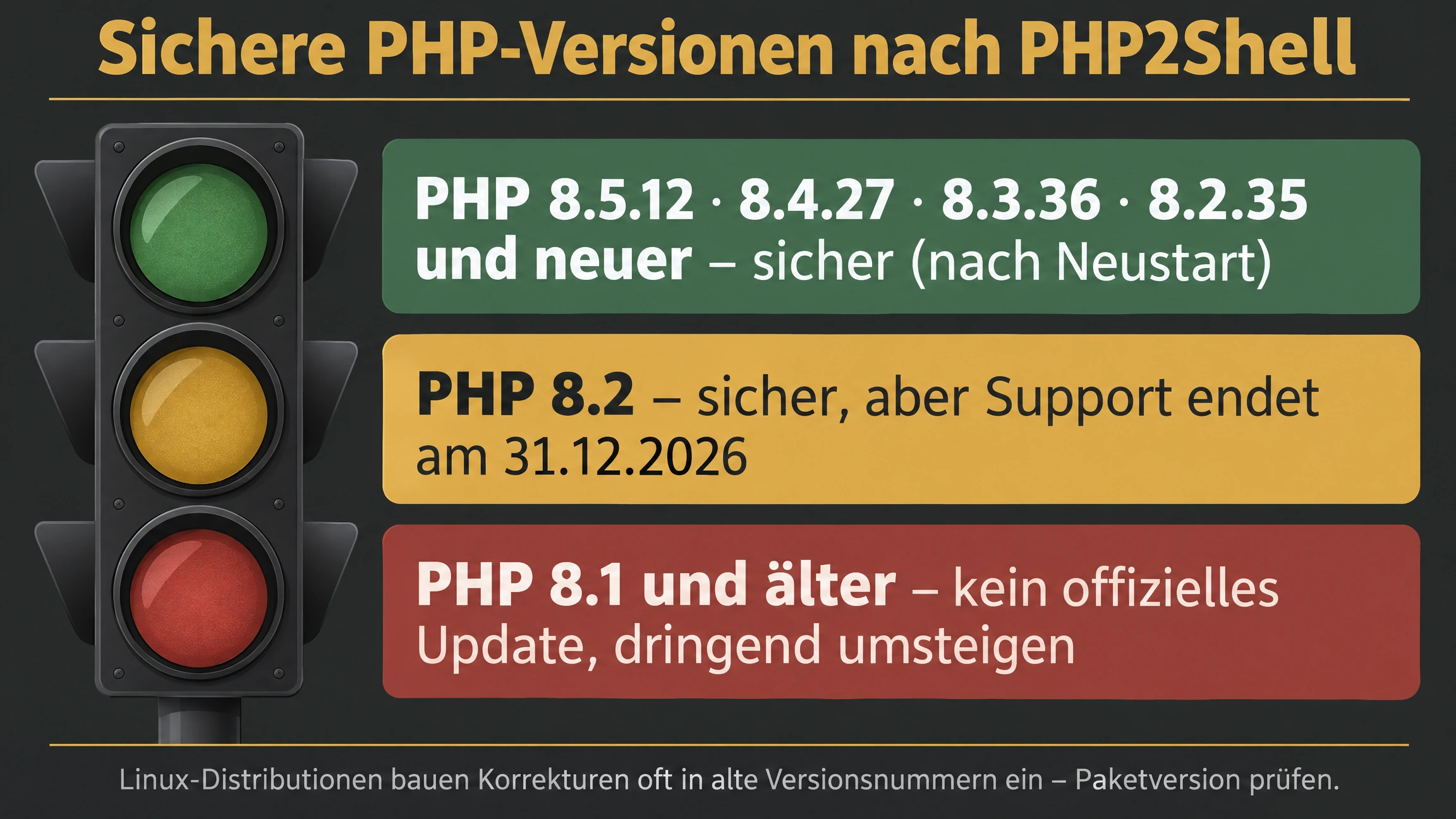 Sichere PHP-Versionen nach PHP2Shell: 8.5.12, 8.4.27, 8.3.36 und 8.2.35 – PHP 8.1 und älter erhalten kein offizielles Update