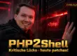 PHP2Shell: kritische PHP-Sicherheitslücken CVE-2026-109618 und CVE-2026-109619 – Mann an einem Server-Rack, aus dem gerissenen Einschub mit „<?php“ dringt rotes Licht, Hinweis „CVSS 9,2 · kritisch“: heute patchen