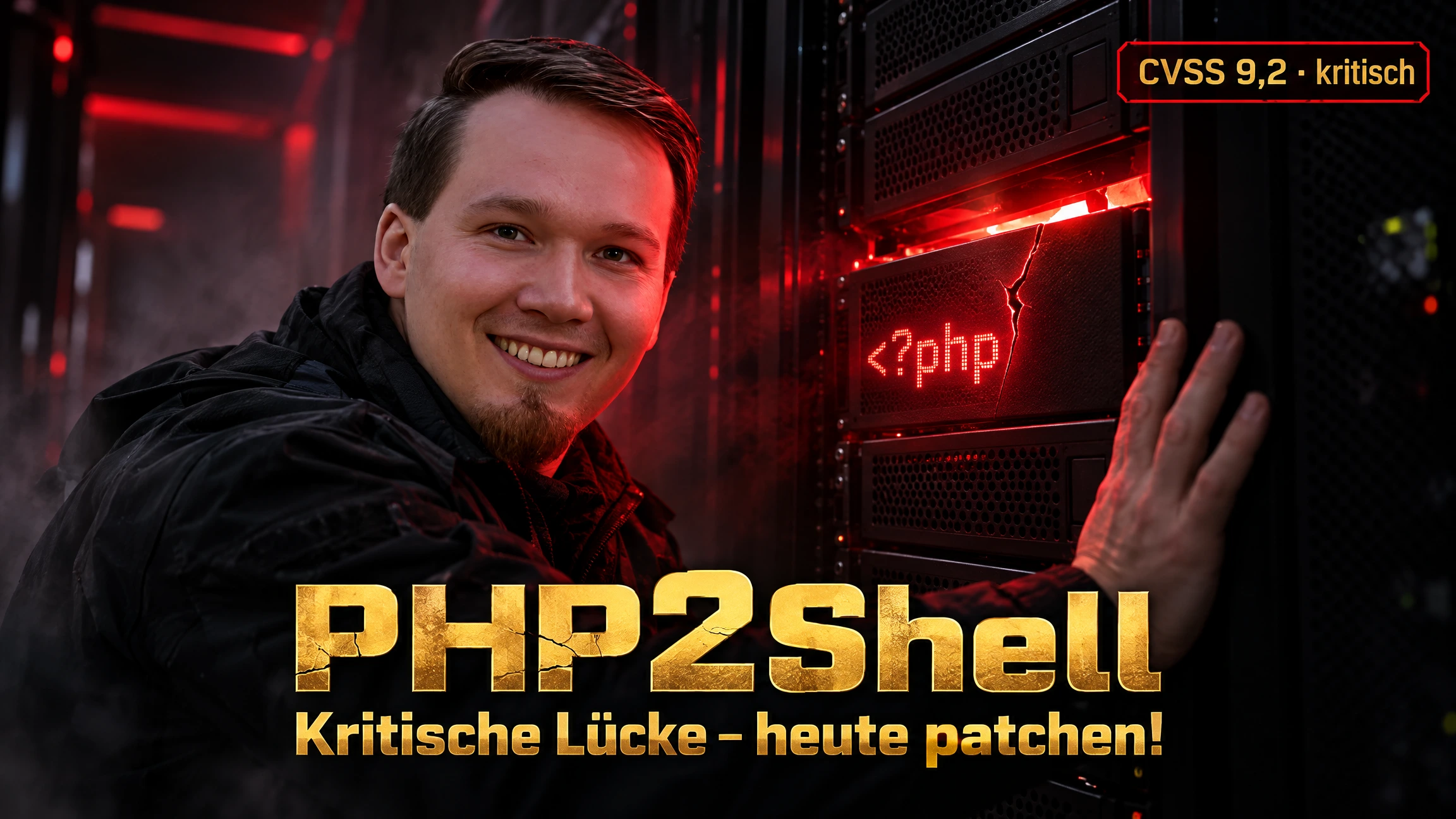 PHP2Shell: kritische PHP-Sicherheitslücken CVE-2026-109618 und CVE-2026-109619 – Mann an einem Server-Rack, aus dem gerissenen Einschub mit „<?php“ dringt rotes Licht, Hinweis „CVSS 9,2 · kritisch“: heute patchen