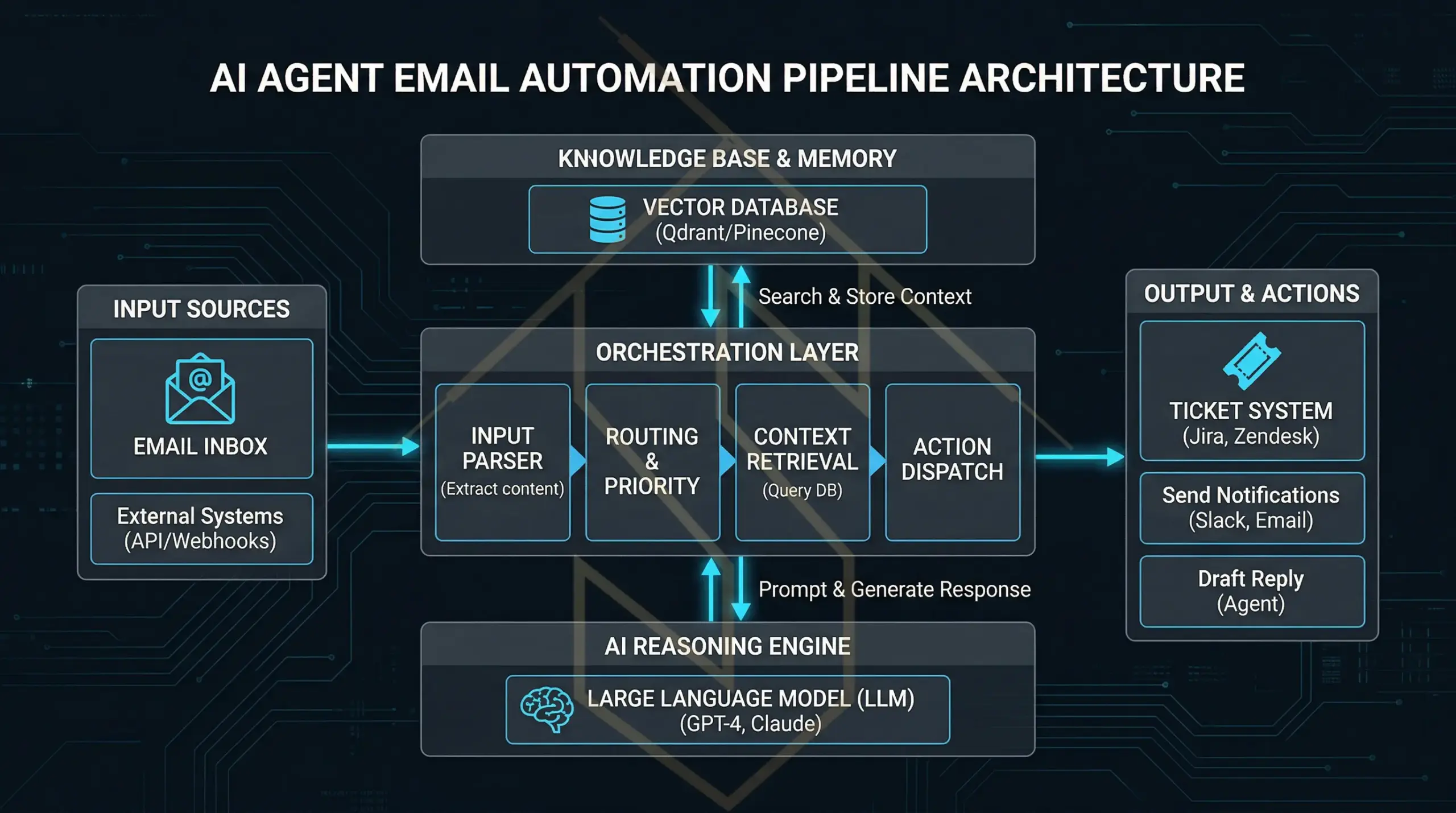Pipeline-Architektur souveräner KI Agenten für E-Mail-Automatisierung – von Input Parser über Routing und Context Retrieval bis zu Ticket-System und Slack-Benachrichtigung, angetrieben durch LLM wie GPT-4 und Claude