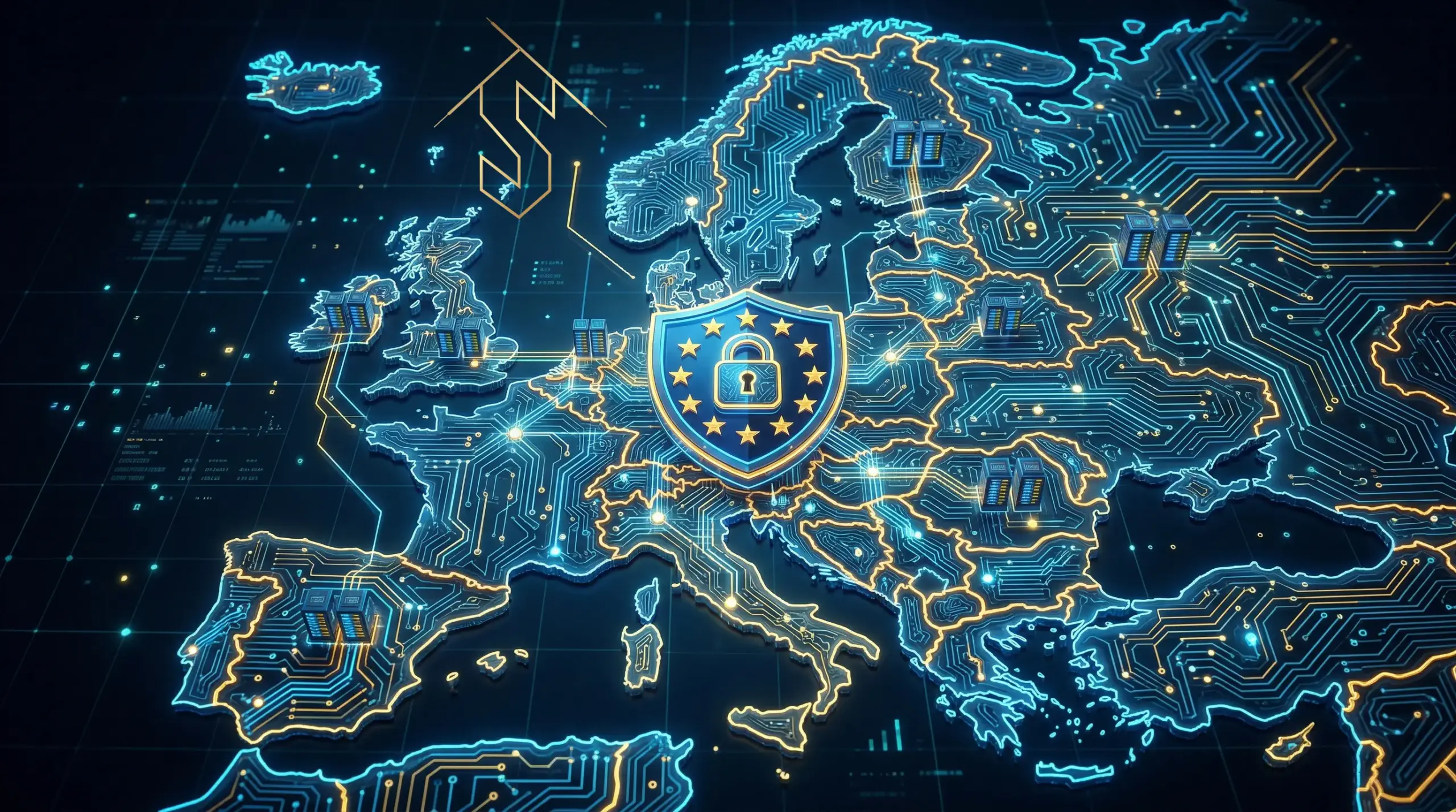 Europakarte mit vernetzten Rechenzentren und EU-Datenschutzschild – digitale Souveränität als Grundlage für souveräne KI Agenten in der DACH-Region