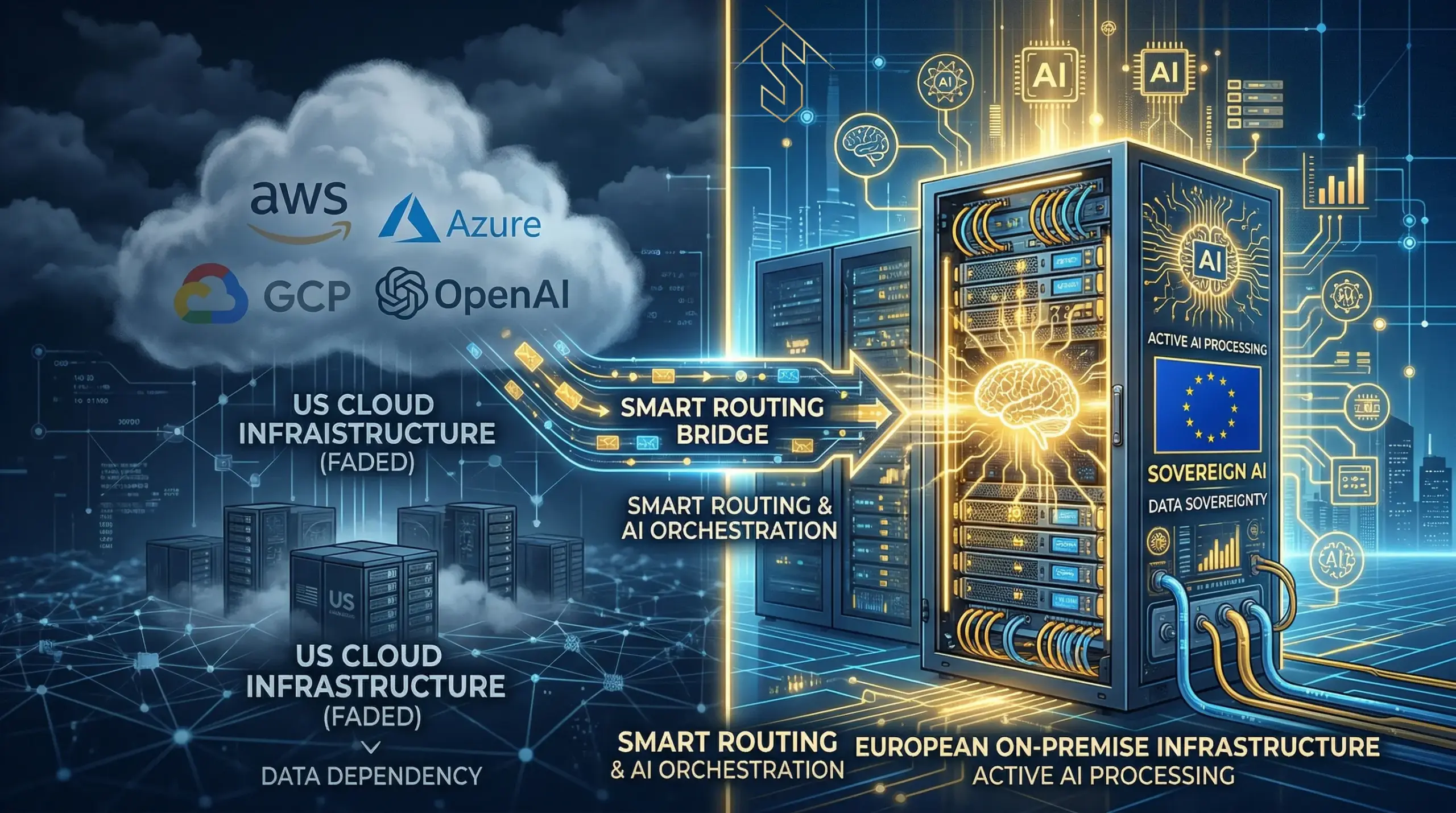 Vergleich US-Cloud-Infrastruktur (AWS, Azure, GCP, OpenAI) versus europäische On-Premise-Server mit EU-Flagge – Smart Routing und AI Orchestration für souveräne KI Agenten mit Datenhoheit