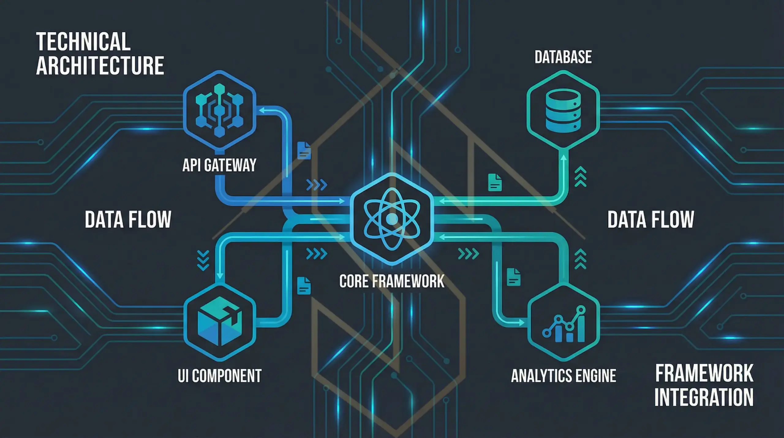 Architekturdiagramm souveräner KI Agenten mit Core Framework, API Gateway, Datenbank, UI Component und Analytics Engine – Data Flow und Framework Integration