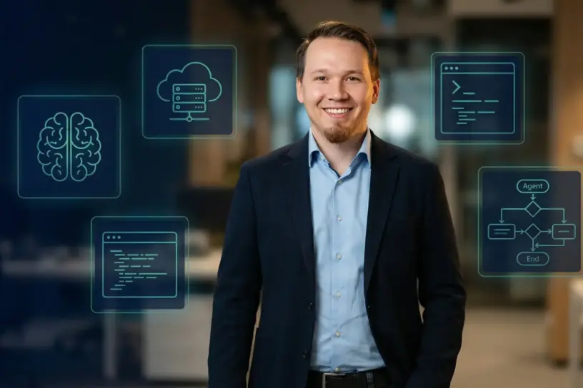 IT-Berater vor holografischen Icons für Cloud, Code, KI-Brain und Agent-Workflows – souveräne KI Agenten für den Mittelstand in der DACH-Region