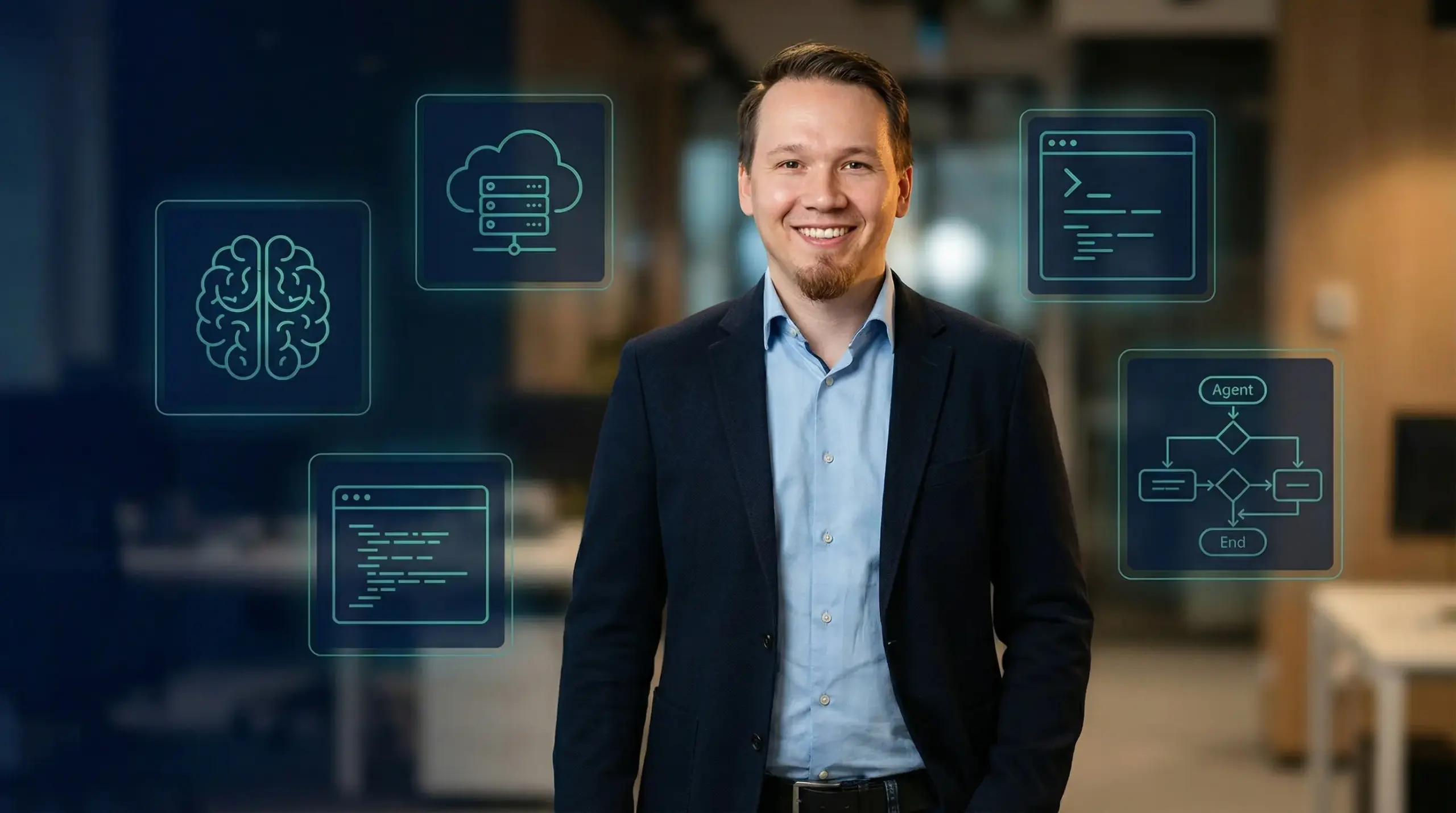 IT-Berater vor holografischen Icons für Cloud, Code, KI-Brain und Agent-Workflows – souveräne KI Agenten für den Mittelstand in der DACH-Region