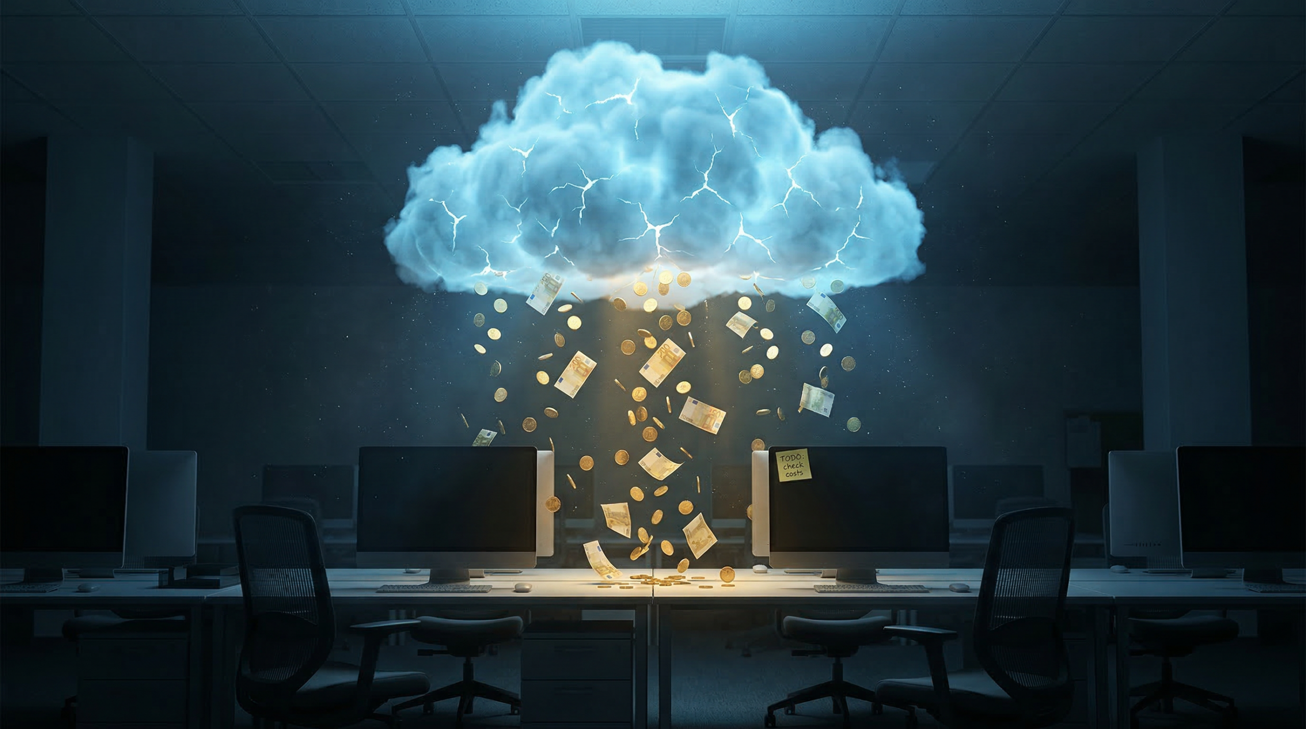 Gewitterwolke regnet Euro-Scheine und Münzen auf Büro-Arbeitsplätze mit dem Hinweis „TODO: check costs" – unkontrollierte Cloud-Kosten ohne FinOps Beratung aus Österreich von SKAWINSKI GmbH für Azure, Exoscale und Hetzner.